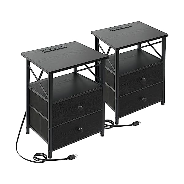 AMHANCIBLE Black Nightstands Set of 2 with Charging Station, End Tables Living Room with 2 USB Ports and 2 Outlets, Side Tables Bedroom with 2 Drawers HET05XBK