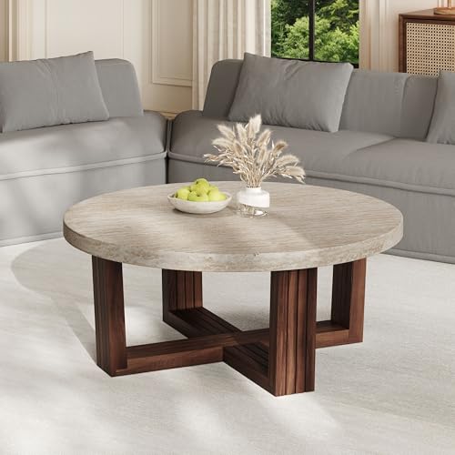 Christopher Knight Home Yone 31.5'' Modern Round Coffee Table for Living Room Furniture/Apartment, Side Table with Marble Pattern Top, Wooden End Table with Cross Metal Base, Brown + Beige