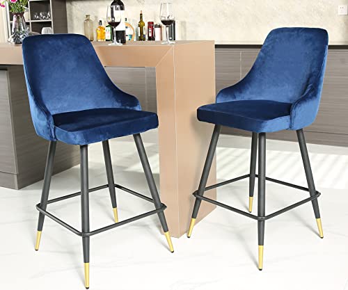Nopurs Bar Stools Set of 2,Modern Velvet Bar Chairs with Backrest and Foot Bar for Kitchen,Cafe Dinner,Pub (Blue,2 Counter Bar Chairs)