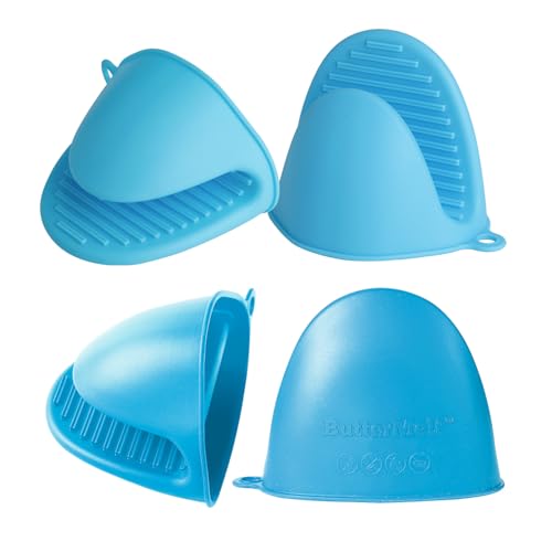ButterMelt 4PC Silicone Oven Mitts - Blue Heat Resistant Non-Slip Kitchen Gloves, for Cooking, Baking, BBQ with Extra Thick Hand Protection for Hot Pots, Pans, Trays