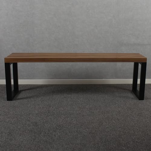 Outdoor Soild Wood Bench,55 inch Patio Picnic Bench,Oil Finished Backless Wooden Garden Park Bench for Patio Porch, Modern Slim Indoor Dining Furniture,Sandblast Finish/Rustic Metal,Teak Color