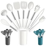 Joyfair Kitchen Utensils Set, 10 Pcs Silicone Cooking Utensils Set with Stainless Steel Handle, Heat Resistant Cooking Tools Spatula Turner Spoon with Holder, Dishwasher Safe & Non Scratch, White