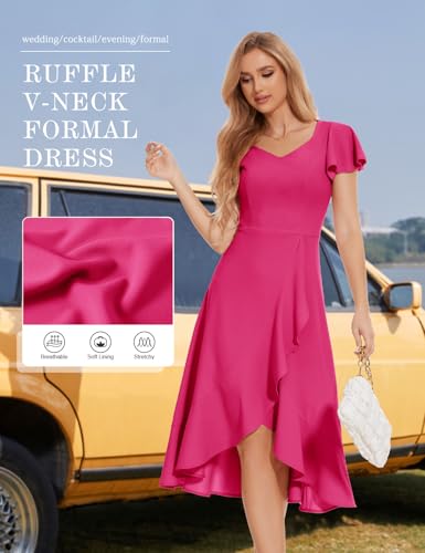 Image of HomRain V Neck Formal Wedding Guest Dresses for Women Ruffle Sleeves for Cocktail Graduation Modest Dress