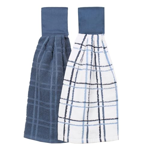 Ritz Premium 100% Cotton Solid and Multi Check Kitchen Tie Towel, Absorbent, Super Soft, and Fast Drying Hang Towel, Set of Two, Federal Blue, Solid & Checked - 2 Piece