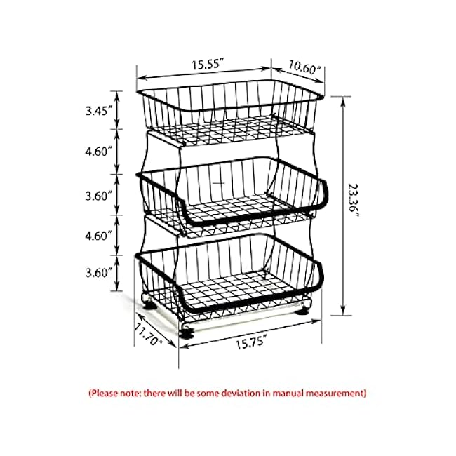 FANWU 3 Tier Fruit Basket Stand, Fruit and Vegetable Storage Cart, Wire Storage Basket with Wheels, Metal Stackable Snack Organizer, Potatoes Onions Produce Storage Bins Rack for Kitchen, Pantry-ysCAdqi4