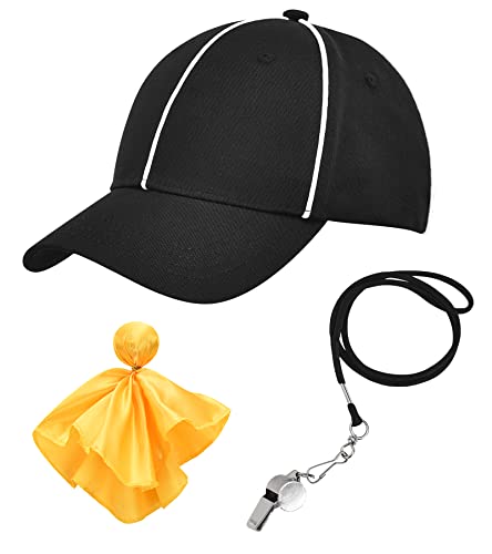 ChinFun Official Referee Hat Adjustable Black with White Stripes Ball Cap 1 Penalty Flag Flags and 1 Stainless Steel Whistle