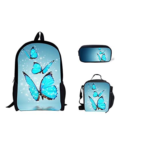 Pizding Mochila escolar para adolescentes y niñas, mochila escolar con estuche para almuerzo, soporte para lápices, paquete de 3 unidades, Mariposa azul., L Cover