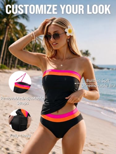 Image of Daci Women Strapless Tankini Tummy Control 2 Piece Bandeau Swimsuit | Full Coverage,Removable&Adjustable Straps,Built-in Soft Unremovable Bra,Ruched Tummy Control,Mid Waist Bottom,Fully Lined