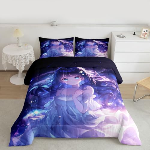 Image of Erosebridal Anime Girls Bedding Anime Gifts Comforter Set for Kids Purple 3D Galaxy Printing Bedding Sets, Cartoon Long Curly Hair Girly Printed Comforter Kids Kawaii Japanese Girl Bed Set, Queen