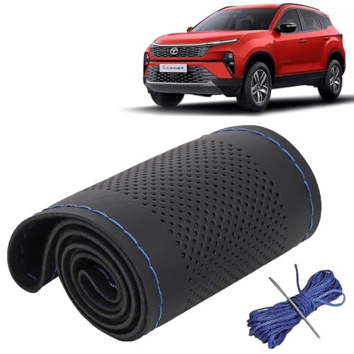 Image of KINGSWAY PU Leatherite Car Steering Cover Sewable Compatible with Tata Harrier (Year 2023 Onwards), Black Color with Blue Thread, Pack of 1 with Sewing Needle and Thread