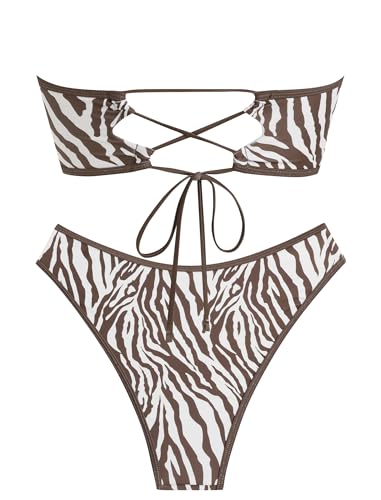 Image of ZAFUL Women Strapless Textured Bandeau Bikini 2 Piece Swimwear Cheeky Solid Lace up Bathing Suits