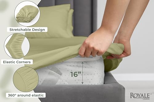 Image of Royale Linens 100% Organic Cotton Full Fitted Sheet Only - Percale Weave - Super Soft Deep Pocket Bottom Sheets - Sage Green Elastic Sheet - Full Size Fitted Sheets Only - (54 inchx75 inch+15 inch, Sage Green)
