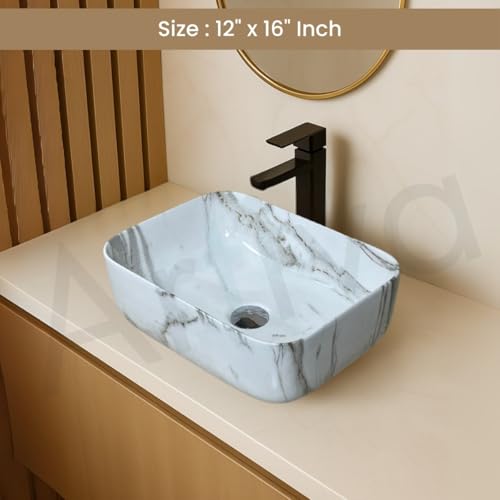 Image of Artiva Ceramic Wash Basin /Tabletop Washbasin For Bathroom,12 inchx16 inch /Small Countetop Bathroom Basin /Table Top Basin For Home,Office,Hotel /Rectangle Glossy Sink (Marble-White,12x16 Inch)