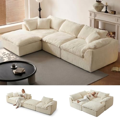 Image of Cloud Couch Sectional for Living Room, Modular L Shaped Boneless Sofa with Chaise, Compressed No Assembly Couch, Deep Seat Chenille Upholstered Convertible Sofa Bed (White)