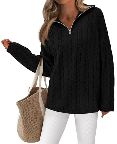 Image of PRETTYGARDEN Womens Long Sleeve Sweater Lapel Collar Half Zip Cable Knit Fall Sweaters for Women 2025 Fashion Clothes (Black, Medium)