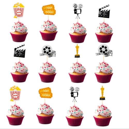 12 peças filme noite birthday cake topper decoração madalenas de filme pipocas decoração cinema festa temática de filmes Cupcake festival de cinema feliz aniversário aniversário
