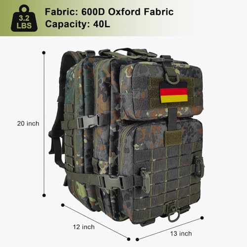 Image of Hannibal Tactical MOLLE Assault Backpack, Tactical Backpack Military Army Camping Rucksack, 3-Day Pack Trip w /USA Flag Patch, D-Rings, Flecktarn