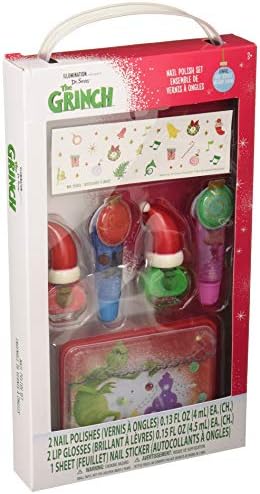 TownleyGirl The Grinch Kiss It Paint It Lip Gloss, Nail Polish and Nail Sticker Set with Makeup Case, 6 Pieces