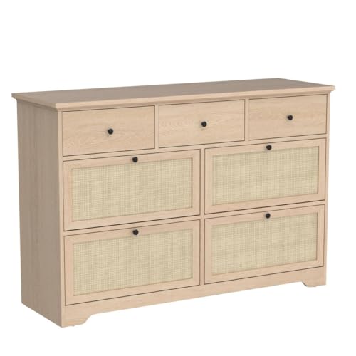 Brafab 47.2'' Rattan Dresser for Bedroom, 7 Drawer Mid-Century Natural Wood Dressers, Long Dresser TV Stand, Boho Closet Organizer Chests of Drawer - Image 4