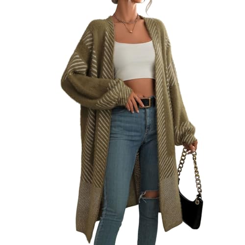 Image of chouyatou Women's Color Block Striped Fuzzy Long Cardigan Sweaters Open Front Diagonal Stripe Knit Cardigan Jacket Coat