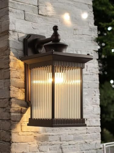 Image of Outdoor Wall Lantern Light, Black Finish, Ribbed Glass Shade and Black Hanging & Gate Light (Half Wall, 1) (Half LAMP, 2)