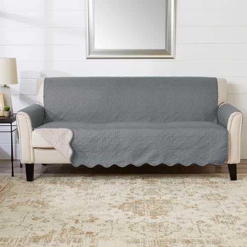 Image of Great Bay Home Reversible Sofa Cover - Washable Slipcover Furniture Protector with Elastic Straps - Perfect for Kids & Pets - Quilted & Stitched Detail (Mirage Gray /Flax)