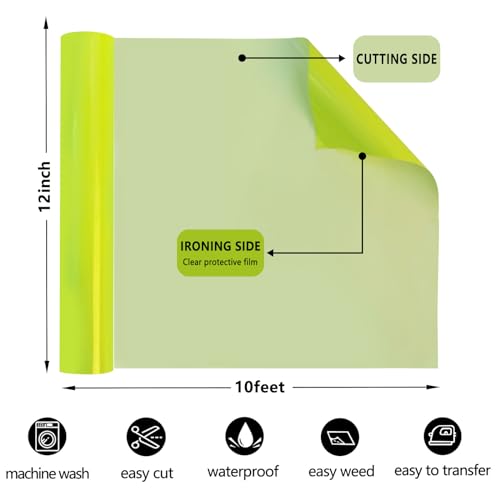 Image of FUNKAKA Fluorescent Yellow HTV Heat Transfer Vinyl Rolls, 12 inch x 10ft Neon Yellow Iron on Vinyl for All Cutter Machines PU Stretchy HTV Vinyl for T-Shirt Easy to Cut & Weed for Heat Transfer Design