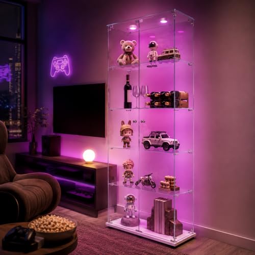 BLSYHDH Vitrine en Verre avec LED,Armoire vitrine pour Collection avec 2 Porte 5 étagères Transparent Meuble Vitrine Verre vitrines Figurine Armoire Salon...