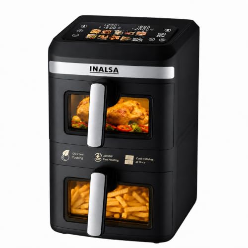 Image of INALSA Double Basket Air Fryer 2800W & 14 L (7L+7L) Large Capacity |Non Toxic,BPA Free|PFOA Food Safety Certified|Cook 2 Full Meals Together|Flip Digital Screen|NutriFry DuoSlim