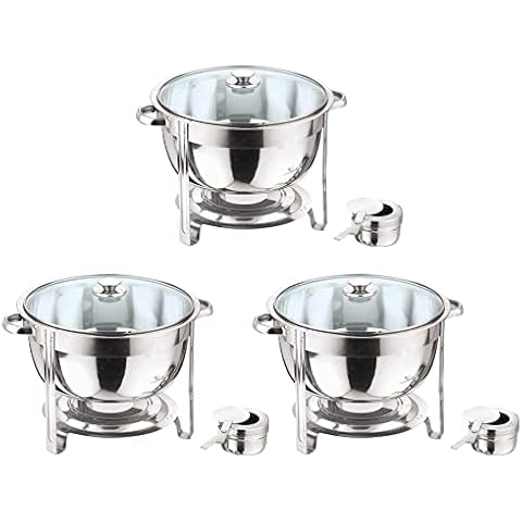 Vinod 8.5 Litre DEEP Stainless Steel Round Chafing Dish Glass LID Food Warmer Catering (Set of 3) Cover
