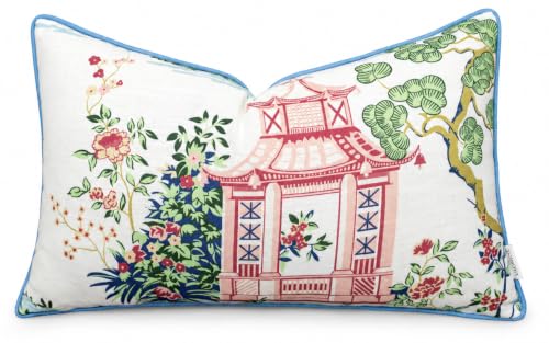 VAGMINE pink pagoda and garden lumbar pillow cover with blue piping