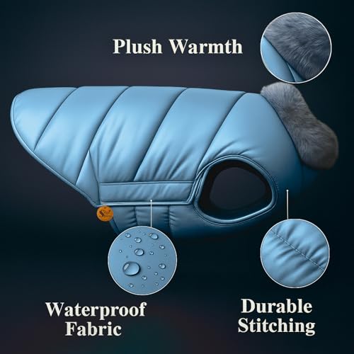 Image of Sage Square Dog Jacket Winter Coat with Fur Collar, Light Weight, Ultra Warm Windproof, Waterproof Dog /Puppy for Cold Weather, Thicker Fleece Jacket (Blue, Small - 12inch)