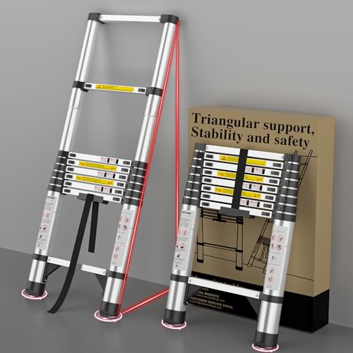 Image of Telescoping Ladder, 8.5 FT Aluminum Extension Ladder, 330 Lbs, Silver | Telescopic & Retractable, Collapsible Extendable Ladder for House, Roof, RV & Travel Trailer