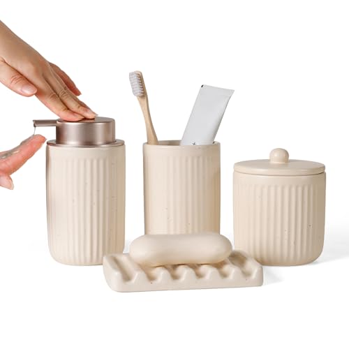Image of BosilunLife Striped Apricot Ceramic Bathroom Accessories Set of 4