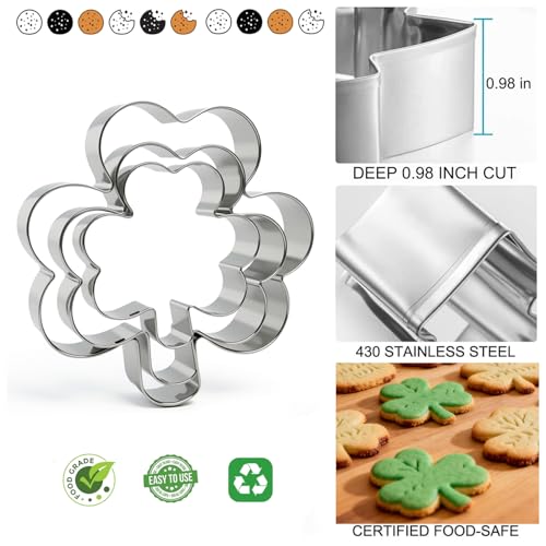 6Pcs St. Patrick's Day Metal Cookie Cutter Set - Shamrocks & Four Leaf Clovers Shapes Large 4’’ Small 3’’ Mini 2‘’, Stainless Steel Clover Biscuit Mold for Irish Spring Holiday Party Decor or Baking #1