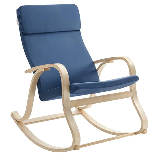 SONGMICS Sedia a Dondolo, Poltrona Oscillante, Copertura in Tessuto di Cotone Sfoderabile, Sedia a Sdraio, Struttura in Legno di Betulla, Capacità di Carico di 120 kg, BLU Notte LYY030Q01