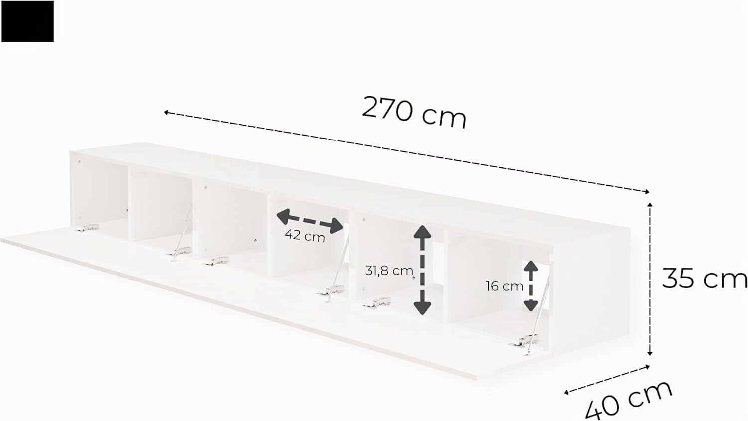 Modularer TV Schrank Weiß Hochglanz - 270 x 35 x 40 cm - Lowboard - Wandmontierte Modernes TV-Board - Wohnzimmer Möbel - Push-to-Open-System - Hängeschrank - 3 Module