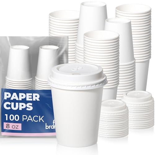 Fit Meal Prep 100 Pack 8 oz Disposable Coffee Cups with Lids Premium Paper To Go Cups for Hot/Cold Beverages Leak Proof Travel Cups for Cold/Hot Beverage Office (White Lids)