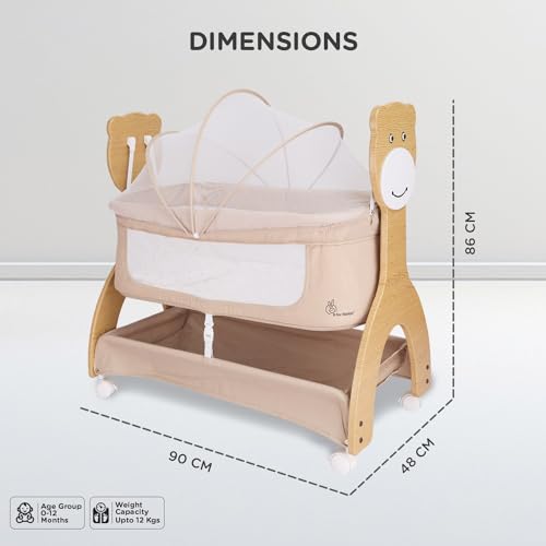 Image of R for Rabbit Lullabies Woodsy 2 in 1 Manual Swing Wooden Cradle Newborn Baby Convertible Cot Bassinet with Mosquito Net, Lockable Wheels & Storage Space for Kids 0-12 Months, Upto 12 Kg (Beige)