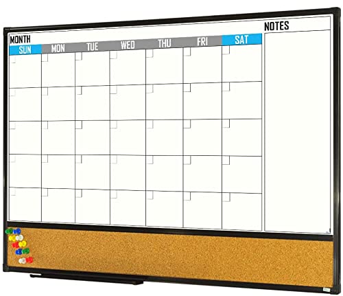 XBoard Dry Erase Calendar Whiteboard 48 X 36 - Combo White Board Calendar Monthly, Magnetic White Board + Corkboard with Black Aluminum Frame, Colorful Push Pins & Marker Tray Included