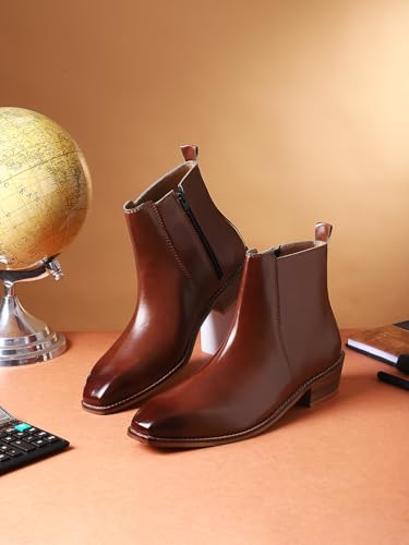 Image of LOZANO Italian Cut Classic Leather Chelsea Boots for Men | High Ankle Cuban Heel Square Toe Zip Closure Cushioned Insole Boot