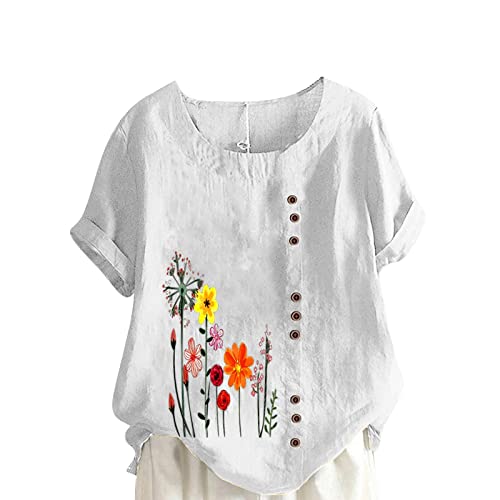 KOG Damen Tshirts Lässig Leinen Hemd Sommer Kurzarm Blusen & Tuniken Frau Bekleidung Casual Tie-Dye Muster Longshirt Teenager Herzausschnitt Elegante...