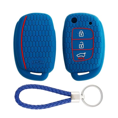 Image of Keycare Compatible Silicone Key Cover for Venue, Aura, Elite i20, Active i20, Xcent - 3 Button Flip Key with KC Mini Blue Keyring