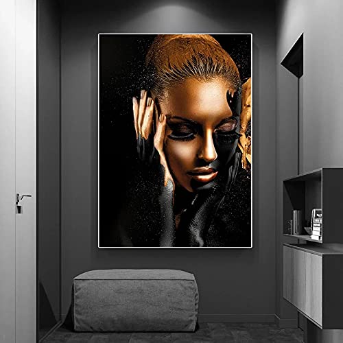 Toile art femme africaine peinture affiche de mode photo murale salon 50x70 cm couleur or noir