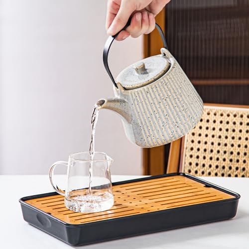 Image of Yundu Ceramic Teapots for Tea, 1000ml /33.8oz Tea Pot with Infusers for Loose Tea, Striped Tea Pot with Removable Tea Infuser - Reactive Grey