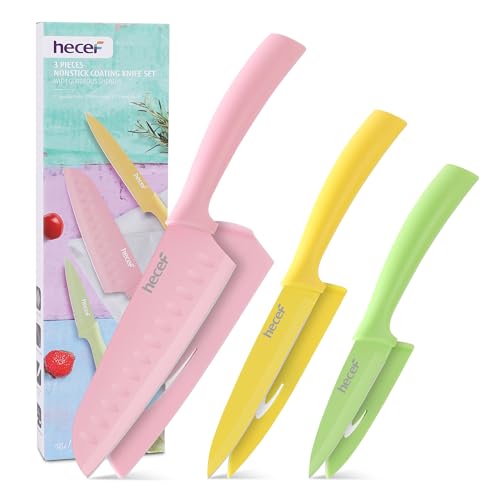 hecef Juego de 3 Cuchillos de Cocina con Fundas, Acero Inoxidable, Revestimiento Antiadherente de Colores, Santoku/Utilitario/Pelador, Regalo, Lavavajillas Saft