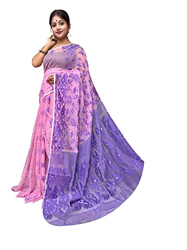 Sari musulman Dhakai Jamdani en coton rose pour les fêtes et mariages