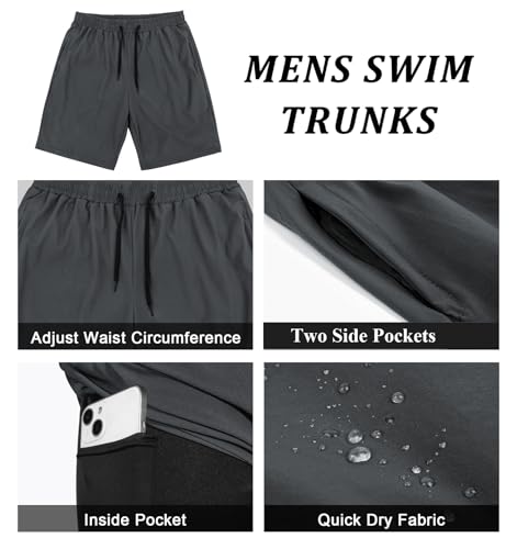 Image of Mens Swim Trunks with Compression Liner 2 in 1 Quick Dry Swimming Shorts Swimwear Bathing Suits with Pockets, 9 inch-Grey,XXL