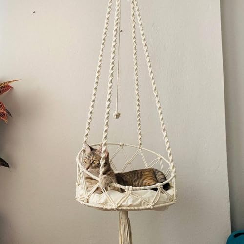 Cama giratória para gatos – Rede Boho para gatos com macramê | Rede de descanso para gatos de estima