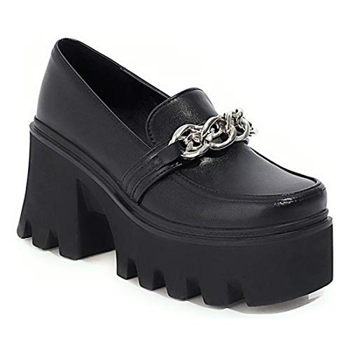 VOKLIN Women's Platform Slip On Penny Loafers Pumps Round Toe Metallic Chunky High Heel Oxfords Dress Shoes